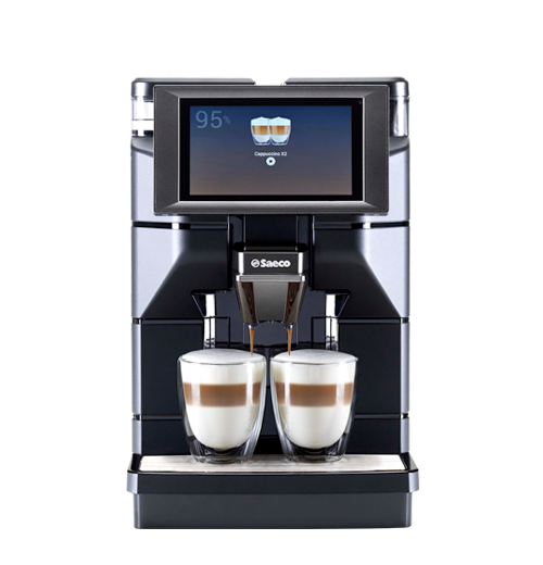 a coffee machine with two cups of coffee and a screen .