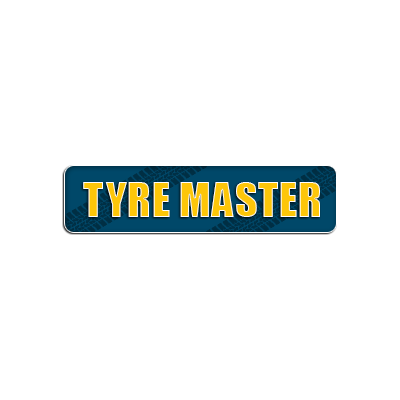 a blue and yellow sign that says tyre master on a white background .