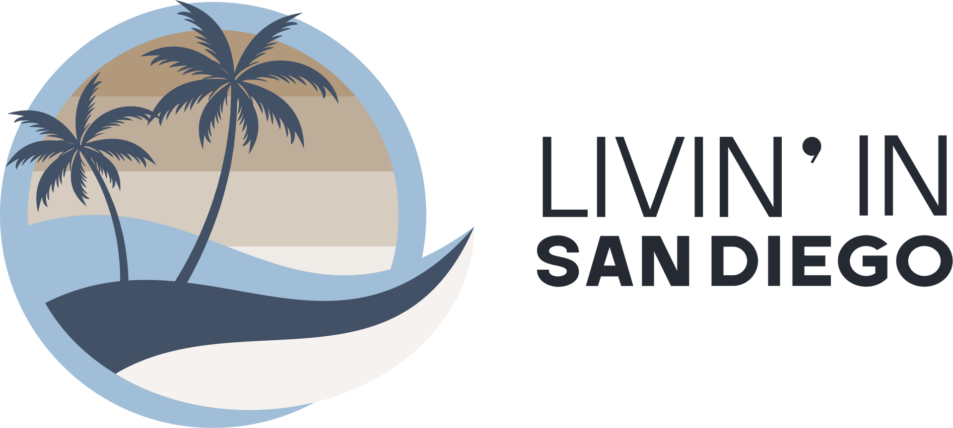 A logo for livin ' in san diego with two palm trees in a circle.