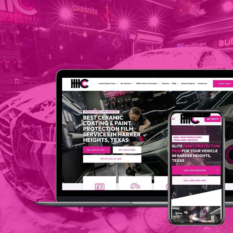 Website on laptop and phone showcasing ceramic coating and paint protection film services in Harker Heights, Texas.