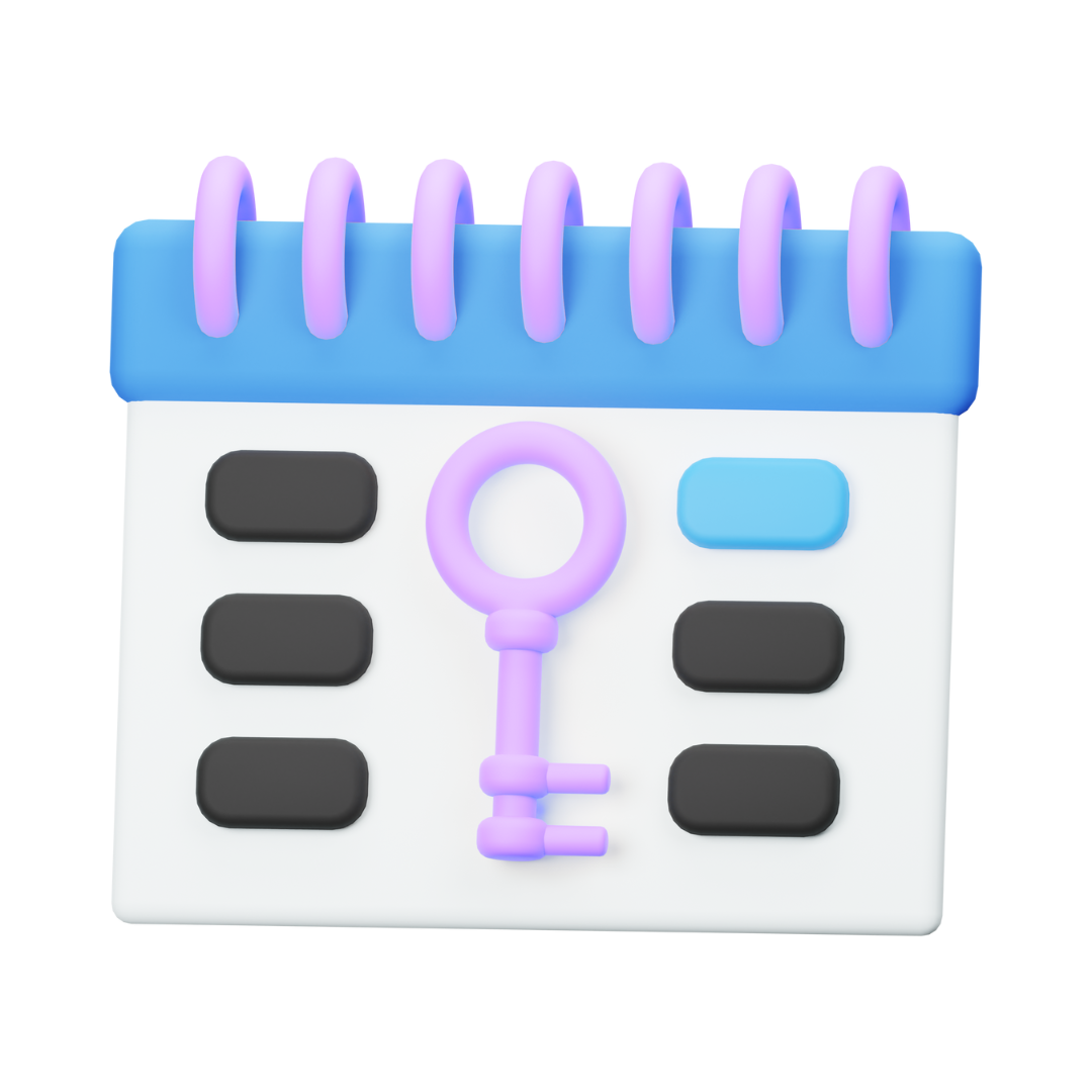 A calendar with a purple key on it.