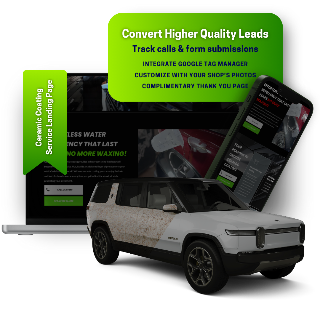 A white suv is sitting in front of a laptop and a sign that says convert higher quality leads