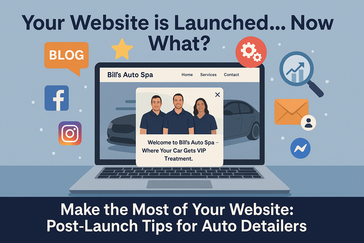 A laptop computer is open to a page that says `` your website is launched ... now what ? ''
