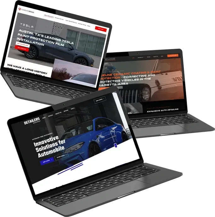 three laptops are displaying different websites on their screens .