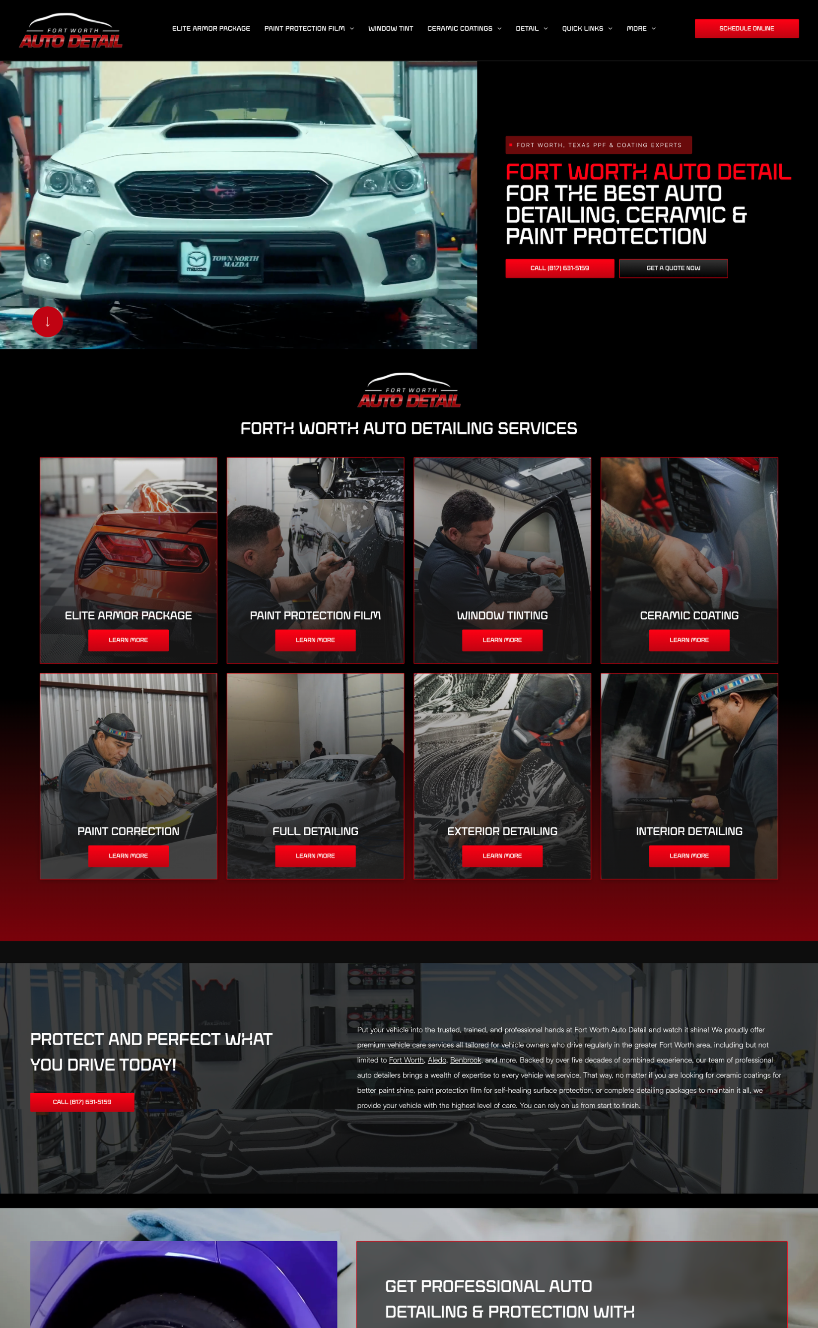Website homepage: Car services, crew working on vehicles, red and black color scheme.
