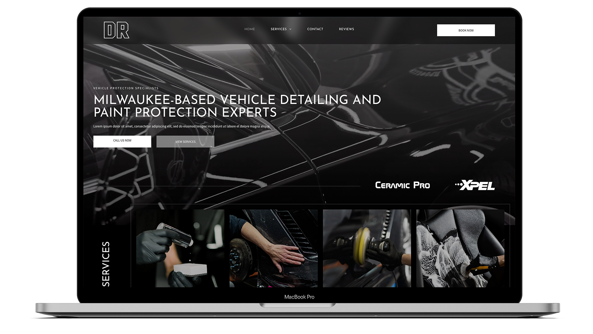 a laptop screen shows a website for milwaukee based vehicle detailing and paint protection experts .
