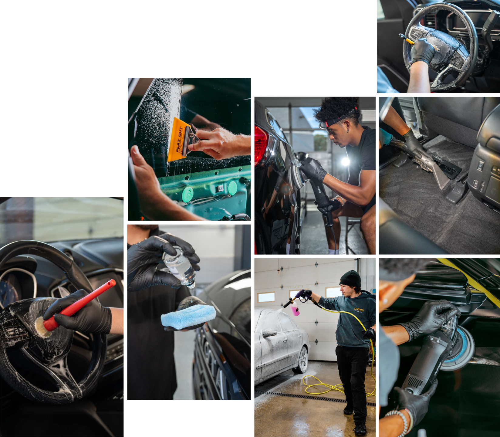 a collage of pictures of people cleaning a car .