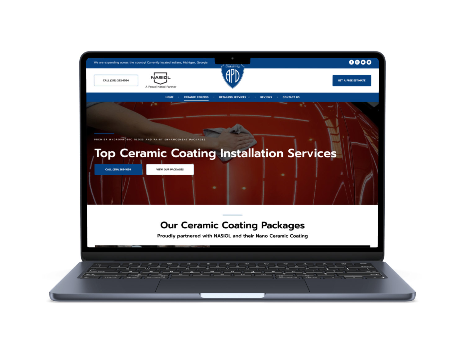 A laptop computer is open to a website for top ceramic coating installation services.