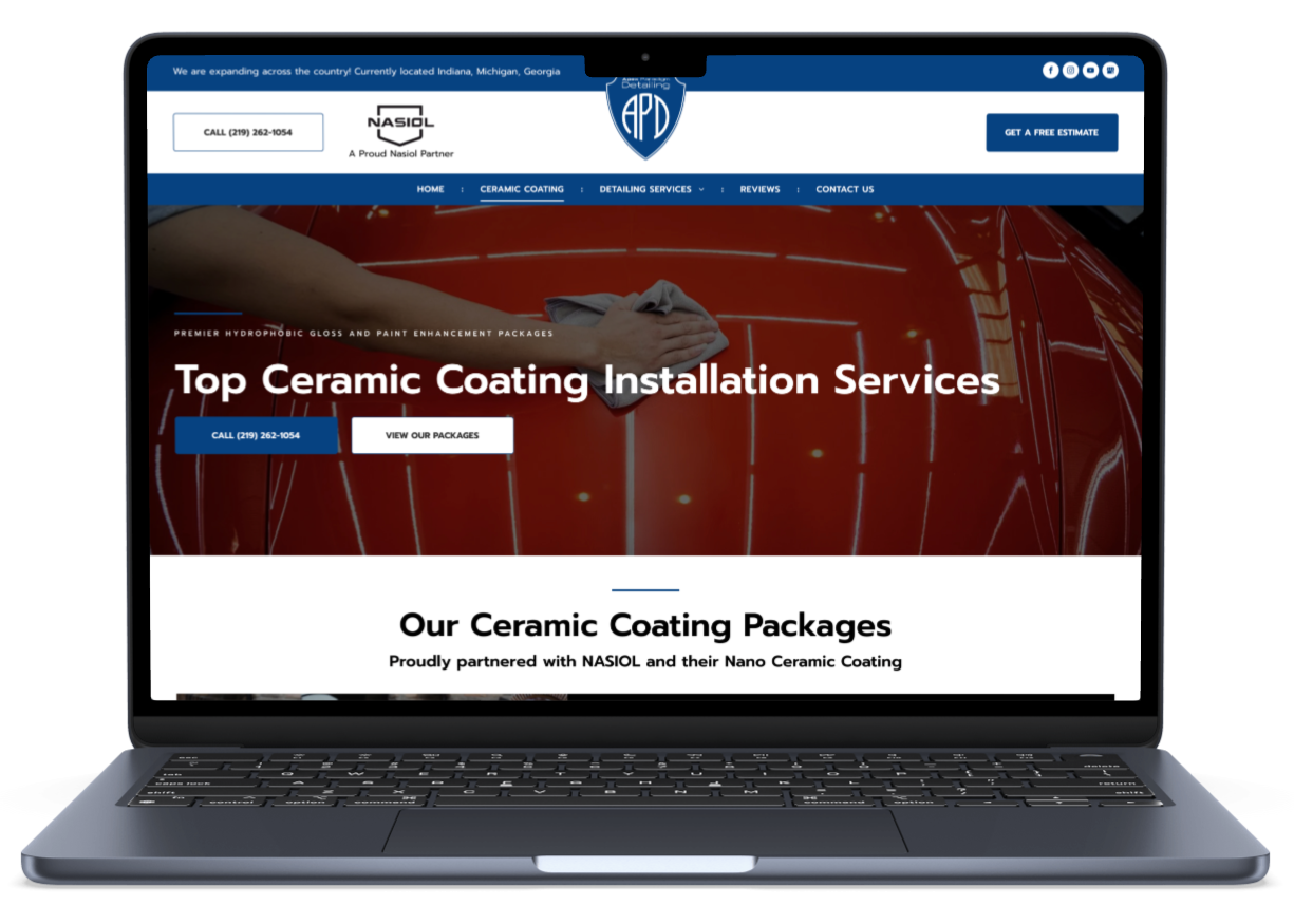 A laptop computer is open to a website for top ceramic coating installation services.