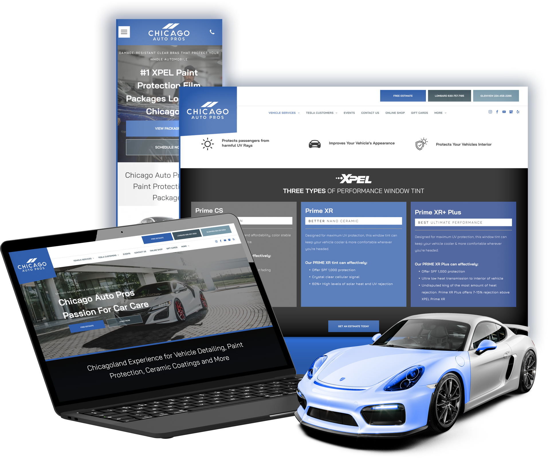 A blue sports car is sitting next to a laptop and a website.