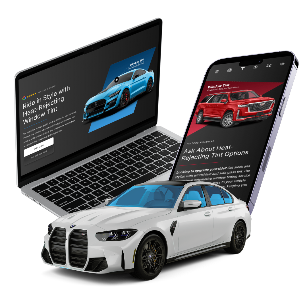 A laptop and a cell phone displaying a website for top window tint specialists in detroit.