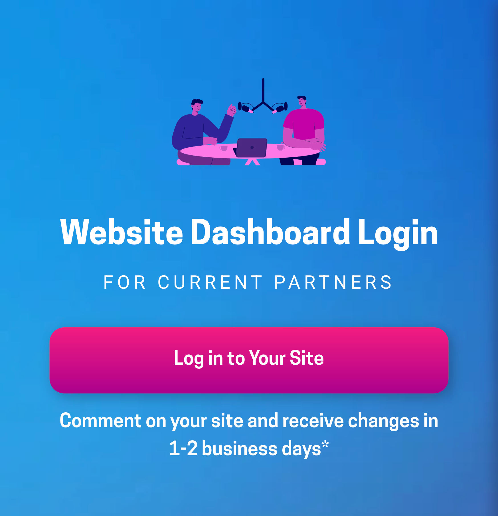 Website dashboard login screen with a button to log in. It says 