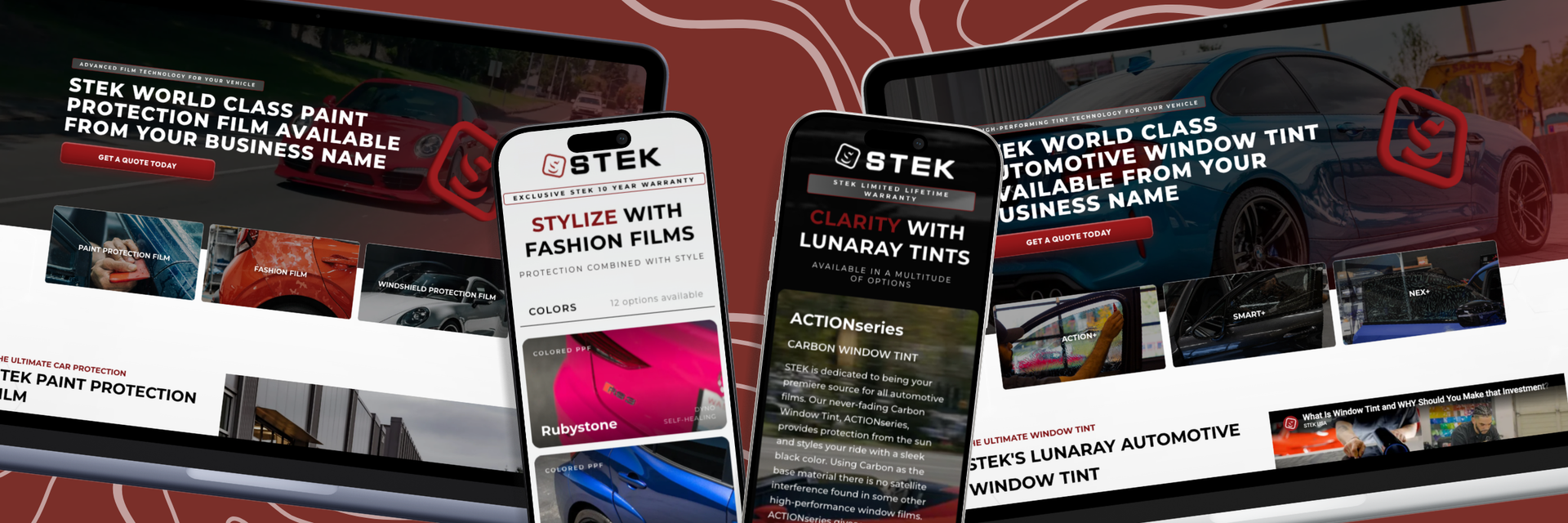 Collage of a dark red-and-black website interface displaying STEK PPF and Window Tint webpages