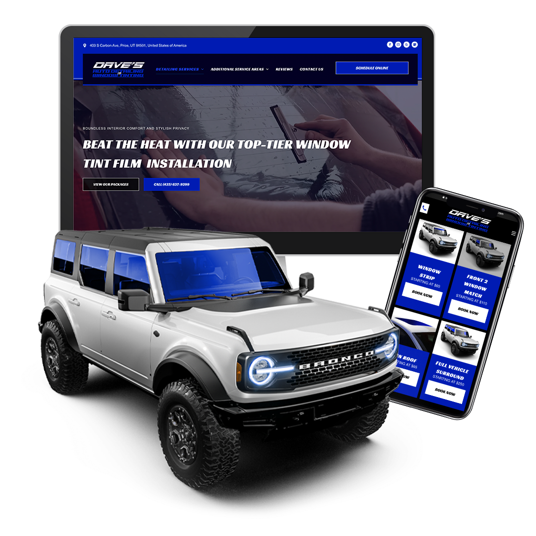 A white bronco next to Dave's Auto Detailing Tint website by Roadmap Sites
