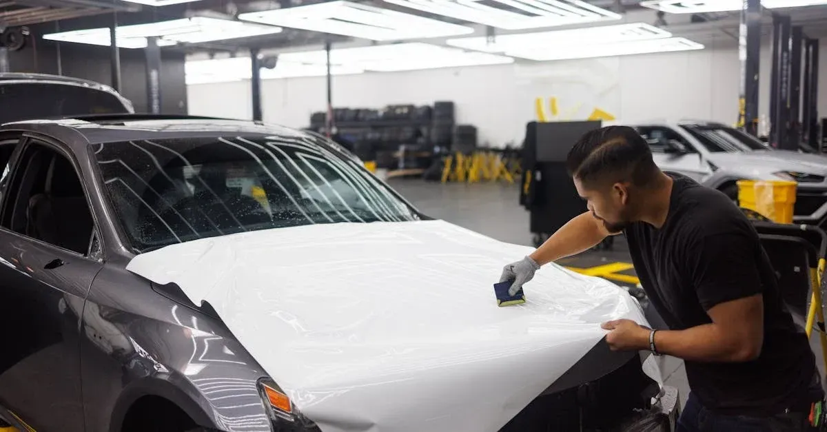 Technician applying protective coating to white car hood in professional auto detailing leads workshop.