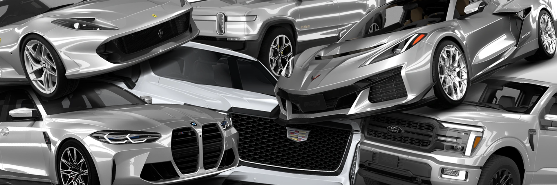 Collage of silver everyday cars, sports cars and luxury vehicles, front views close together