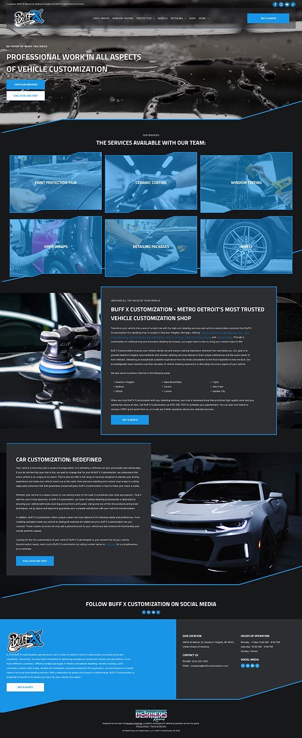 A landing page for a car dealership with a lot of cars on it.