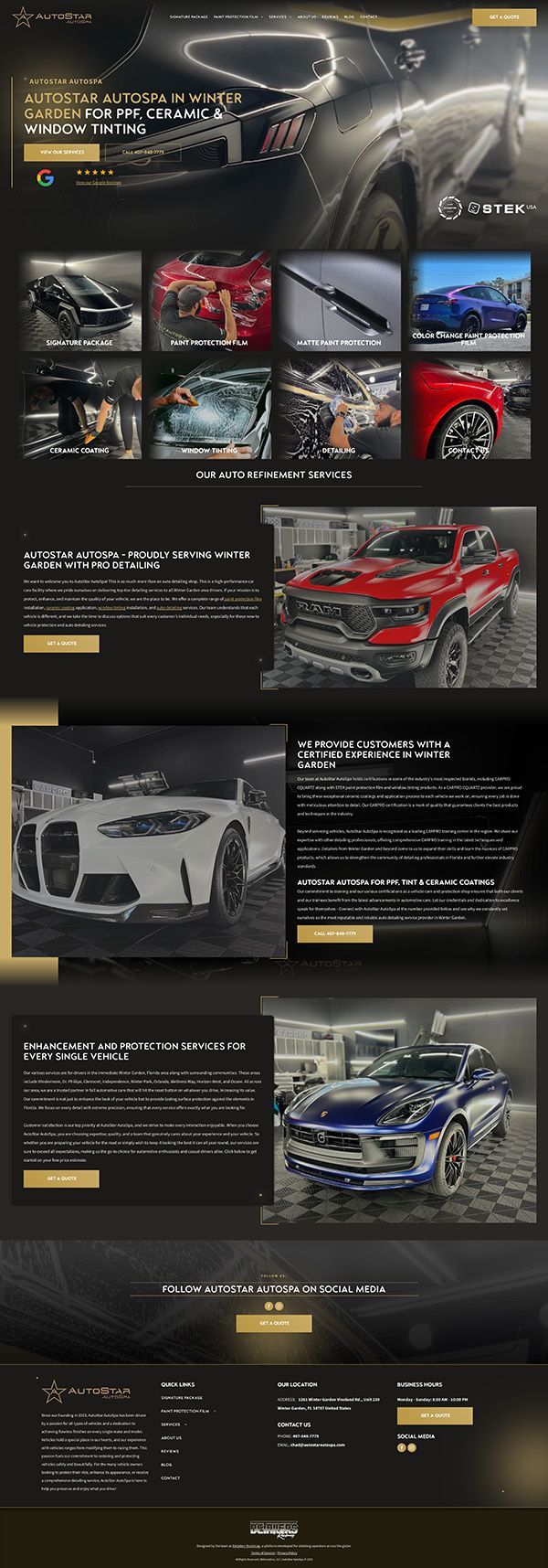Website promoting luxury automotive services with various car images and gold accents.
