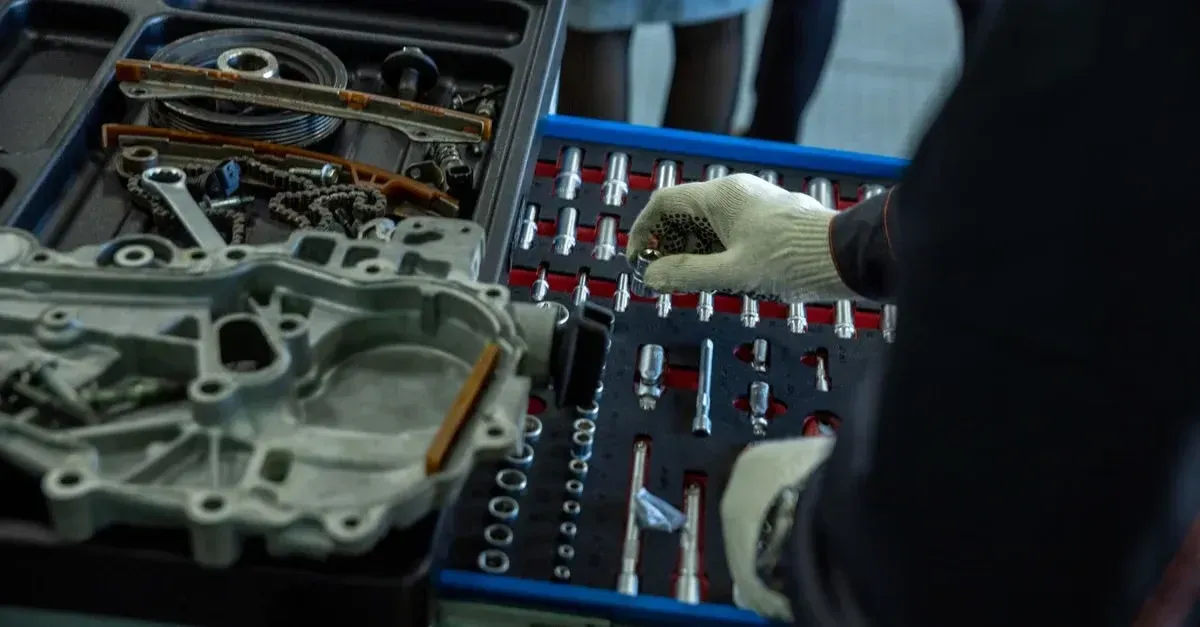 Technician organizing car engine parts with detailing software tools displayed on workspace.