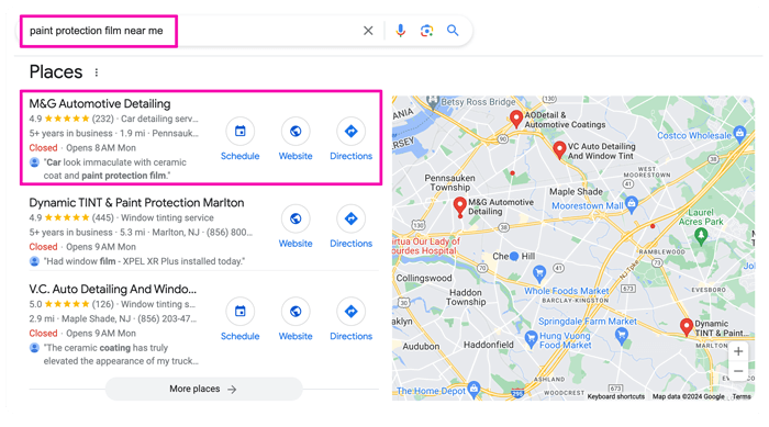 A screenshot of a google search for places and a map of a city.