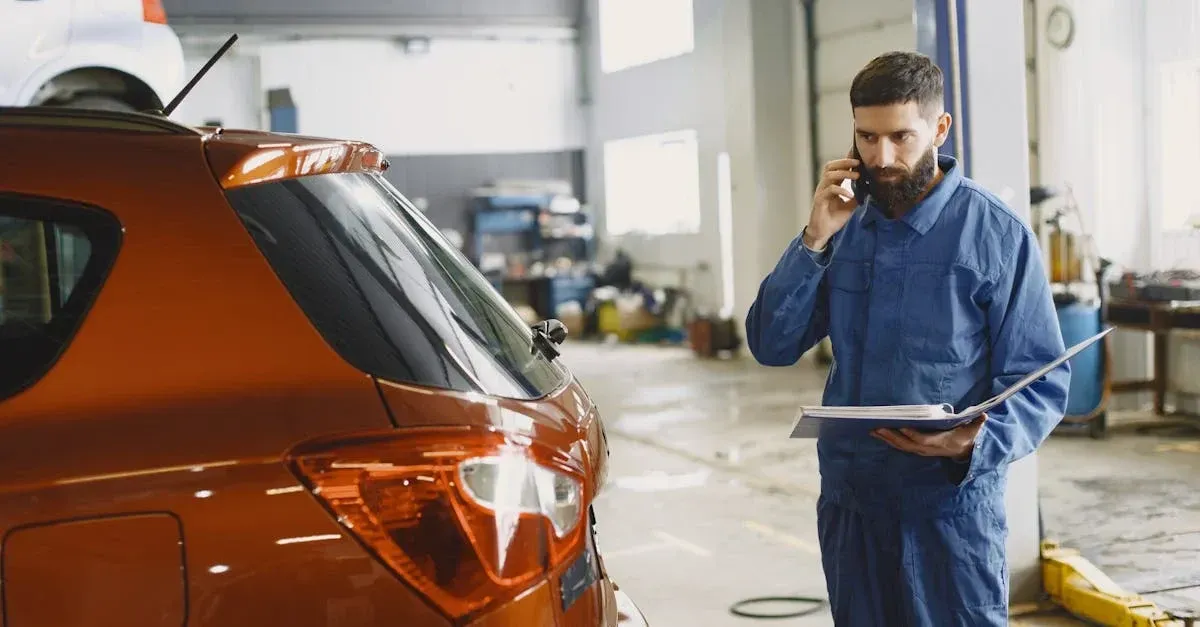 A mechanic in a blue jumpsuit talks on the phone while holding a clipboard, standing next to an orange car in a brightly lit garage.