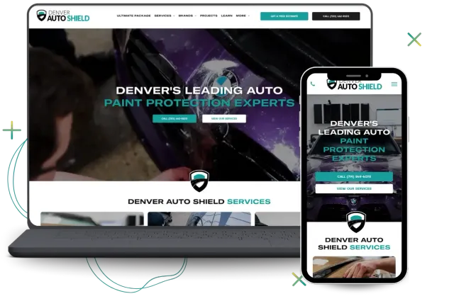 Website displayed on a laptop and smartphone: Denver Auto Shield, auto paint protection.