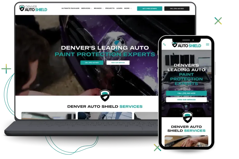 Website displayed on a laptop and smartphone: Denver Auto Shield, auto paint protection.