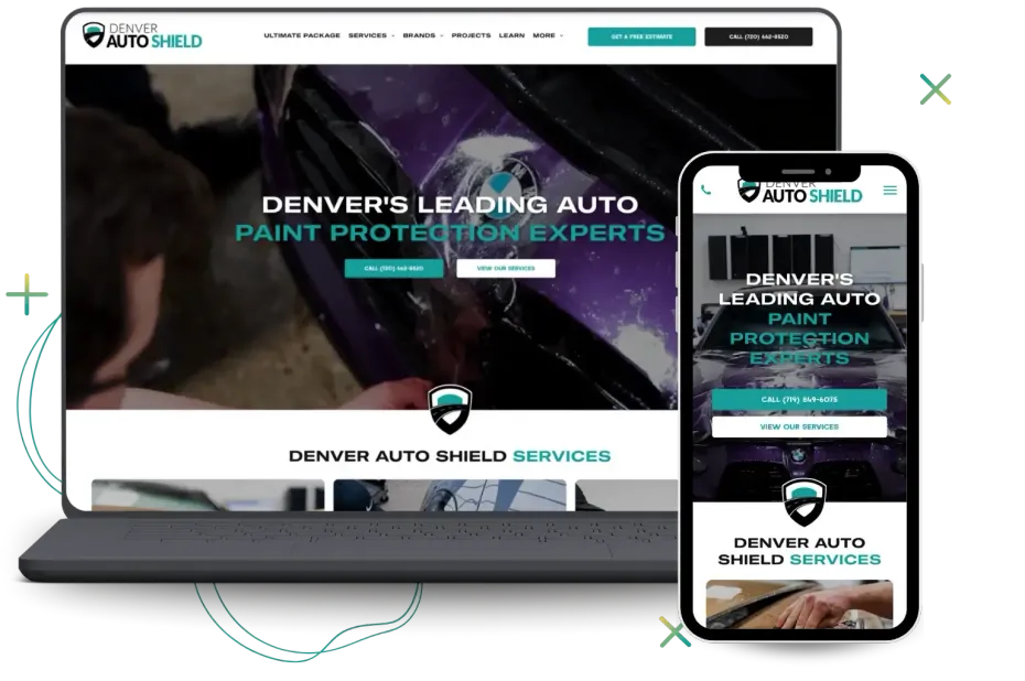 Website displayed on a laptop and smartphone: Denver Auto Shield, auto paint protection.