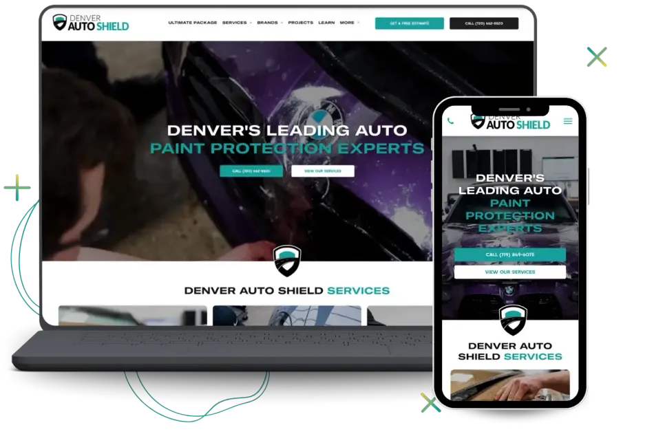 Website displayed on a laptop and smartphone: Denver Auto Shield, auto paint protection.