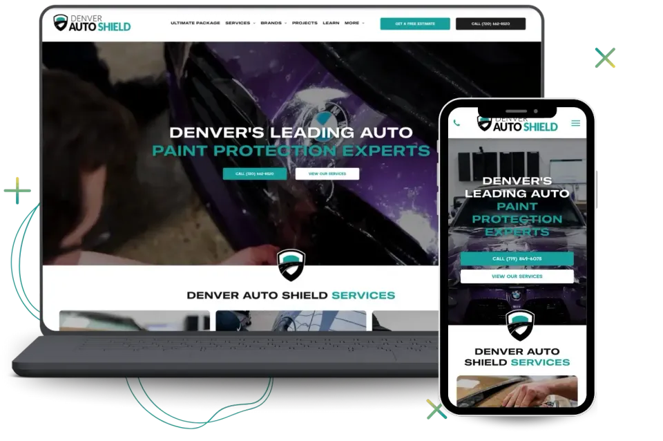 Website displayed on a laptop and smartphone: Denver Auto Shield, auto paint protection.