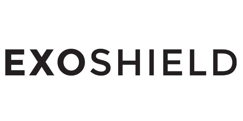 A black and white logo for exoshield on a white background.