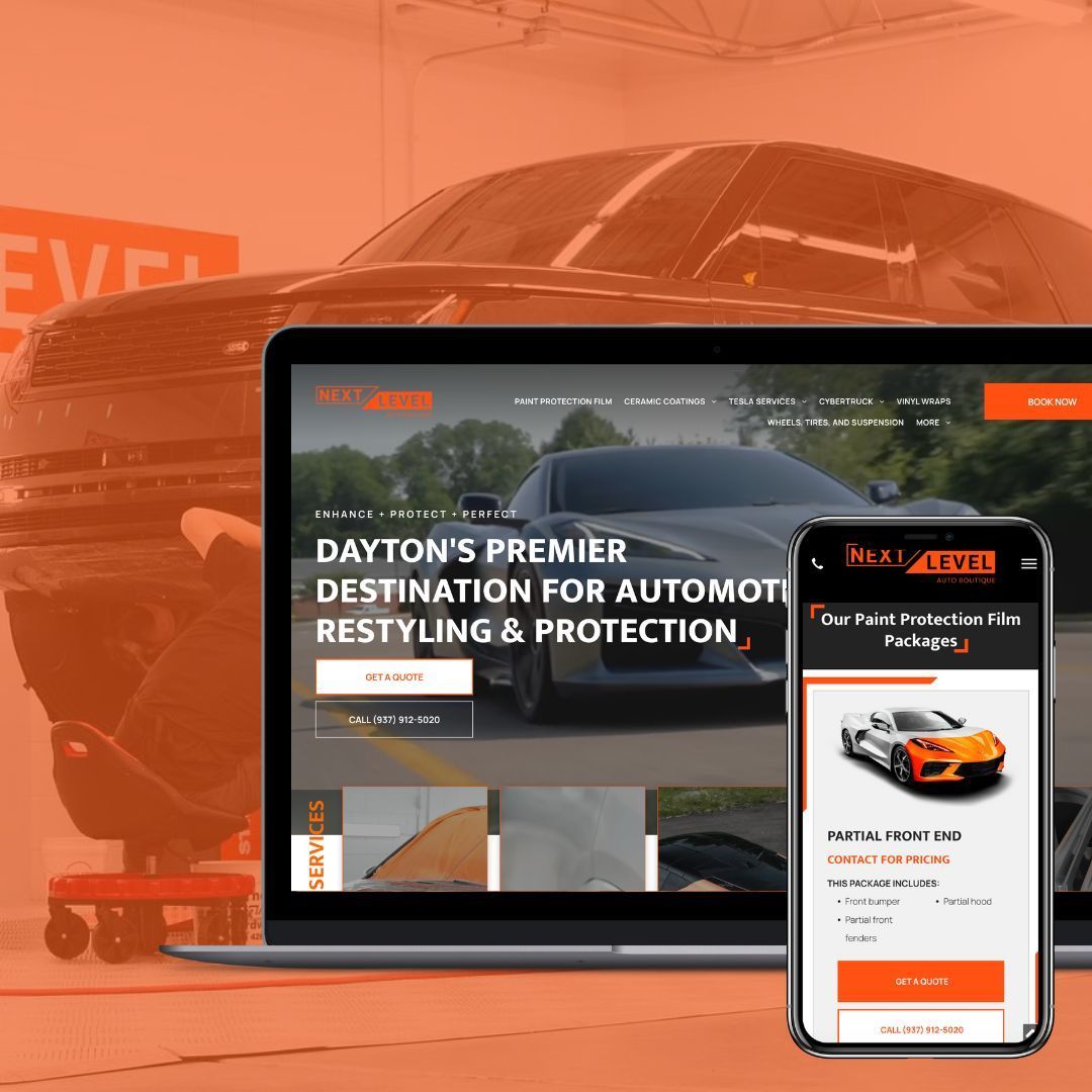Website design for Fast Level: a car restyling company. Laptop and phone showcasing the site, and a car in the background.
