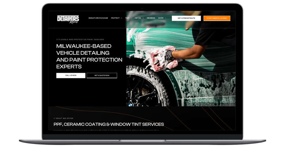 a laptop screen shows a website for milwaukee based vehicle detailing and paint protection experts .