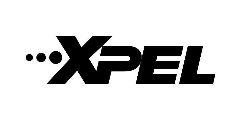 A black and white logo for xpel on a white background.