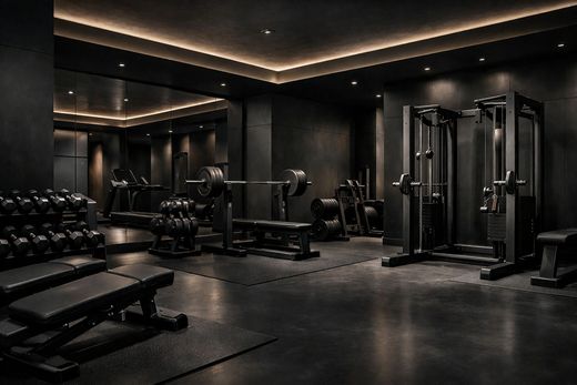 Dimly lit modern gym with weight benches, dumbbells, and cable machines