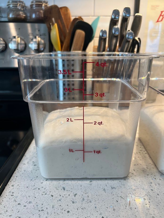 A measuring cup filled with flour is on a counter.