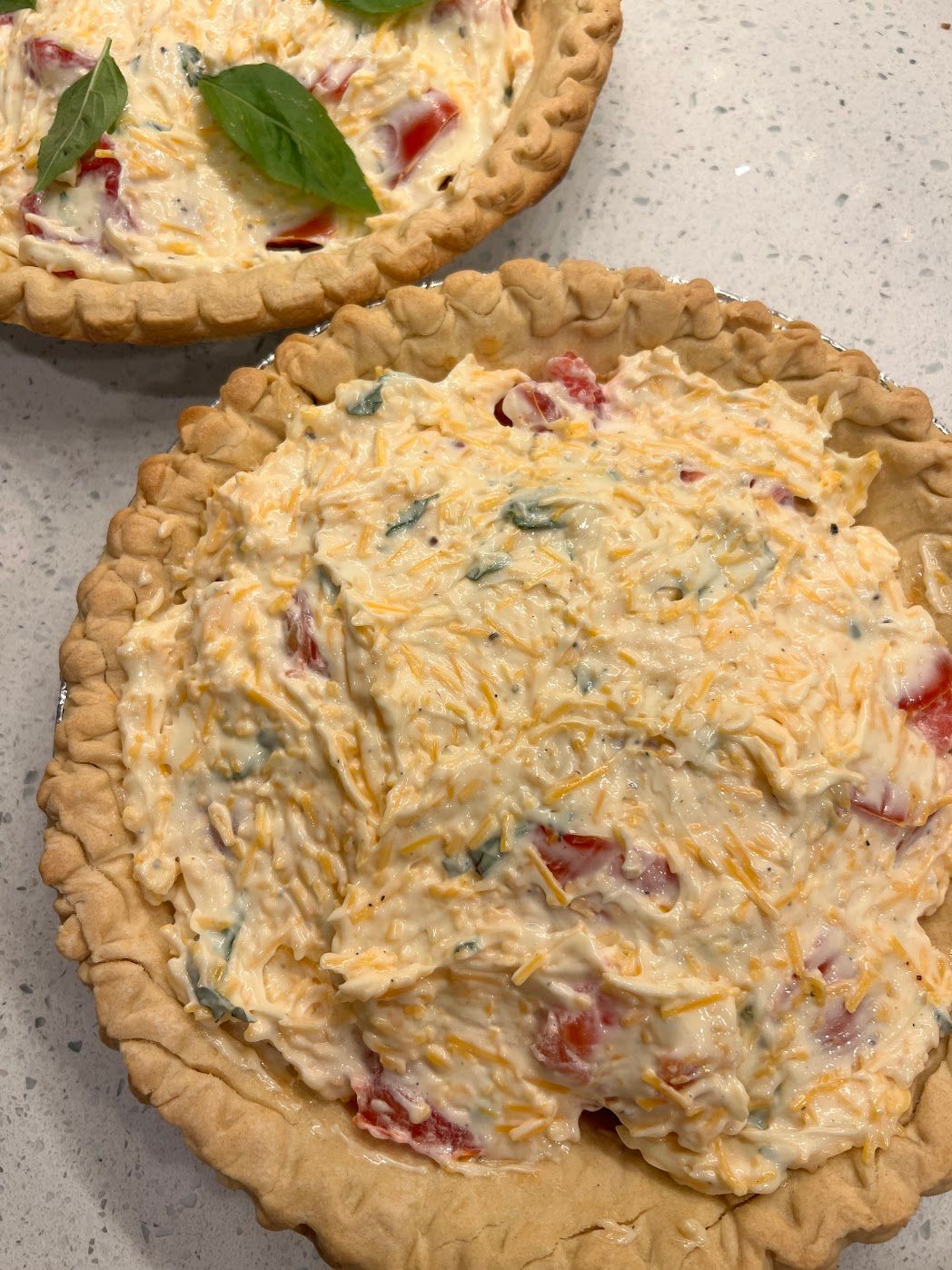 Two pie crusts filled with cheese and tomatoes are sitting on a counter.