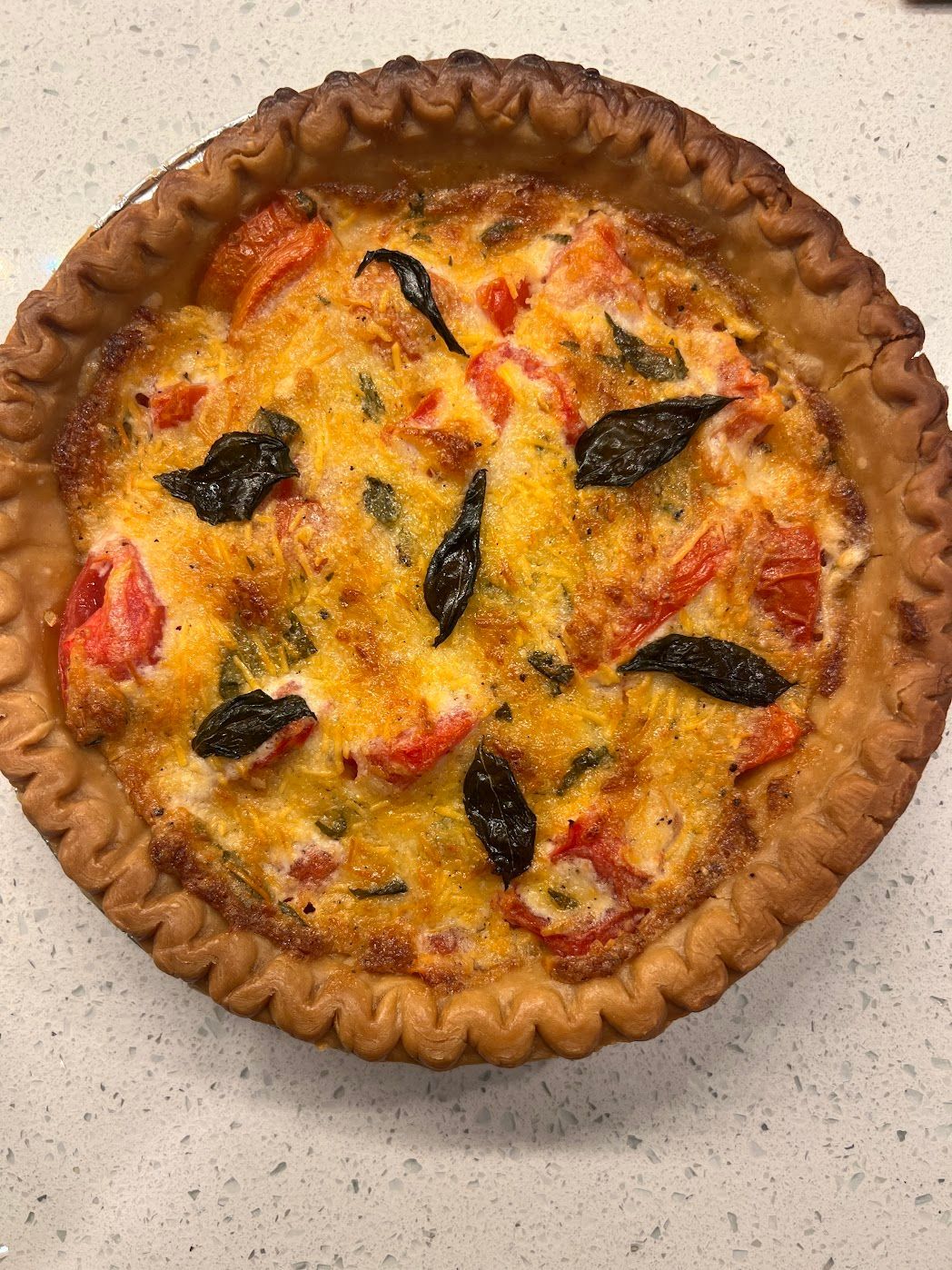 A quiche with tomatoes and basil is sitting on a counter.