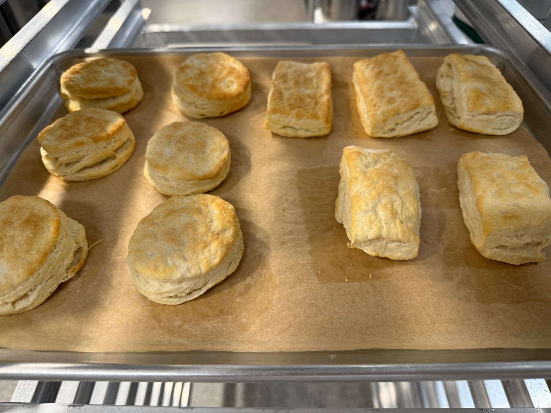 A bunch of biscuits are sitting on a baking sheet.