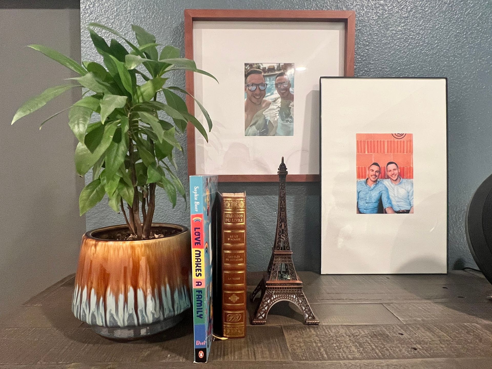 A potted plant is sitting on a table next to a statue of the eiffel tower.