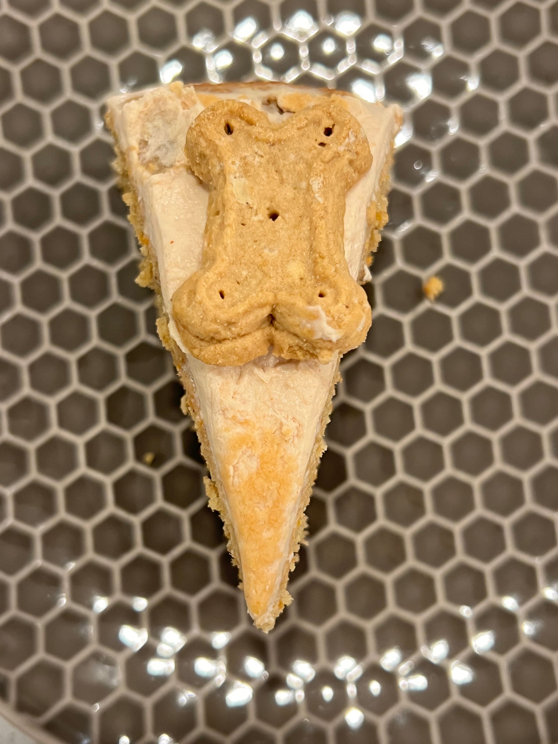 A slice of cake with a dog bone on it is on a plate.