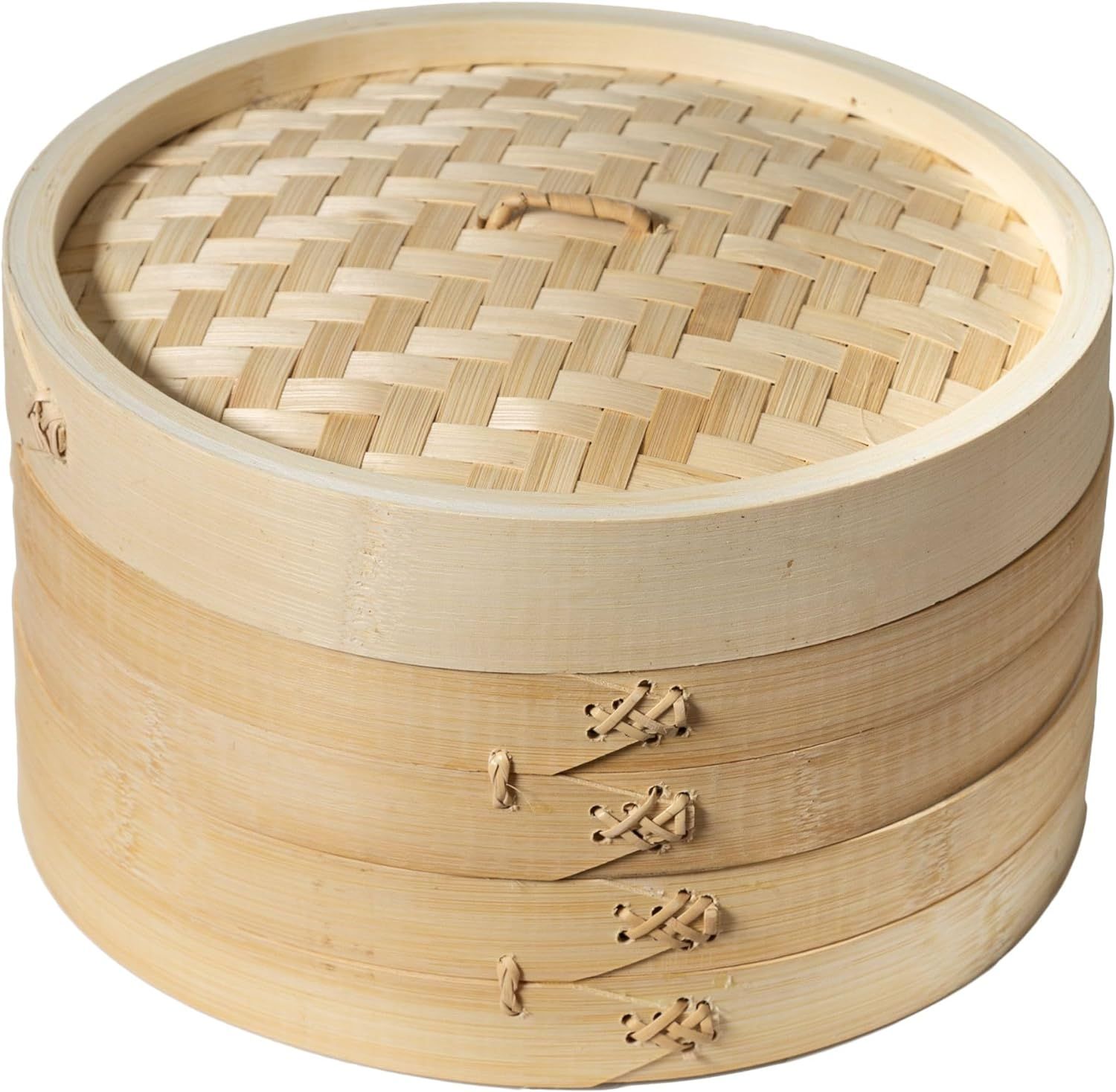 A round wooden container with a wicker lid