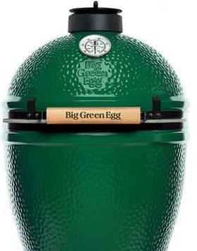 A green egg grill with a wooden handle on a white background.