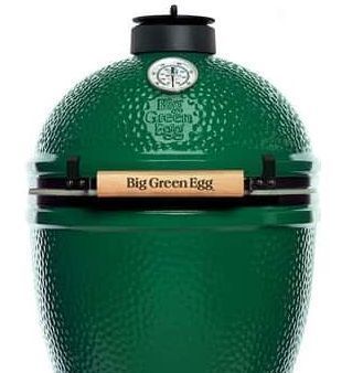 A green egg grill with a wooden handle on a white background.