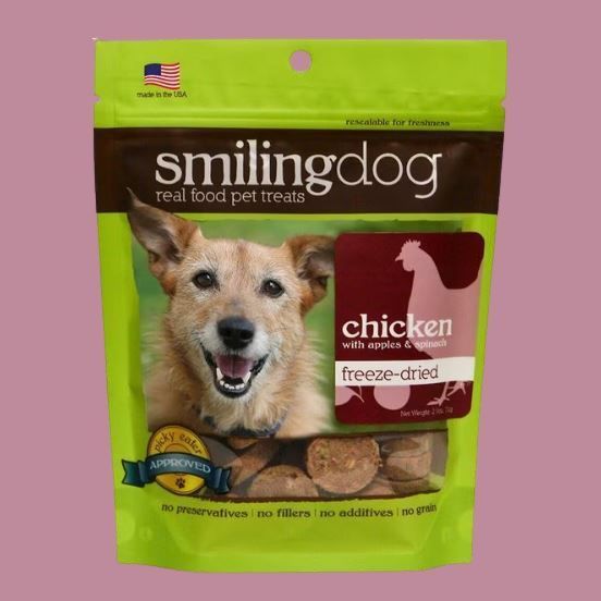 A bag of smiling dog real food pet treats chicken