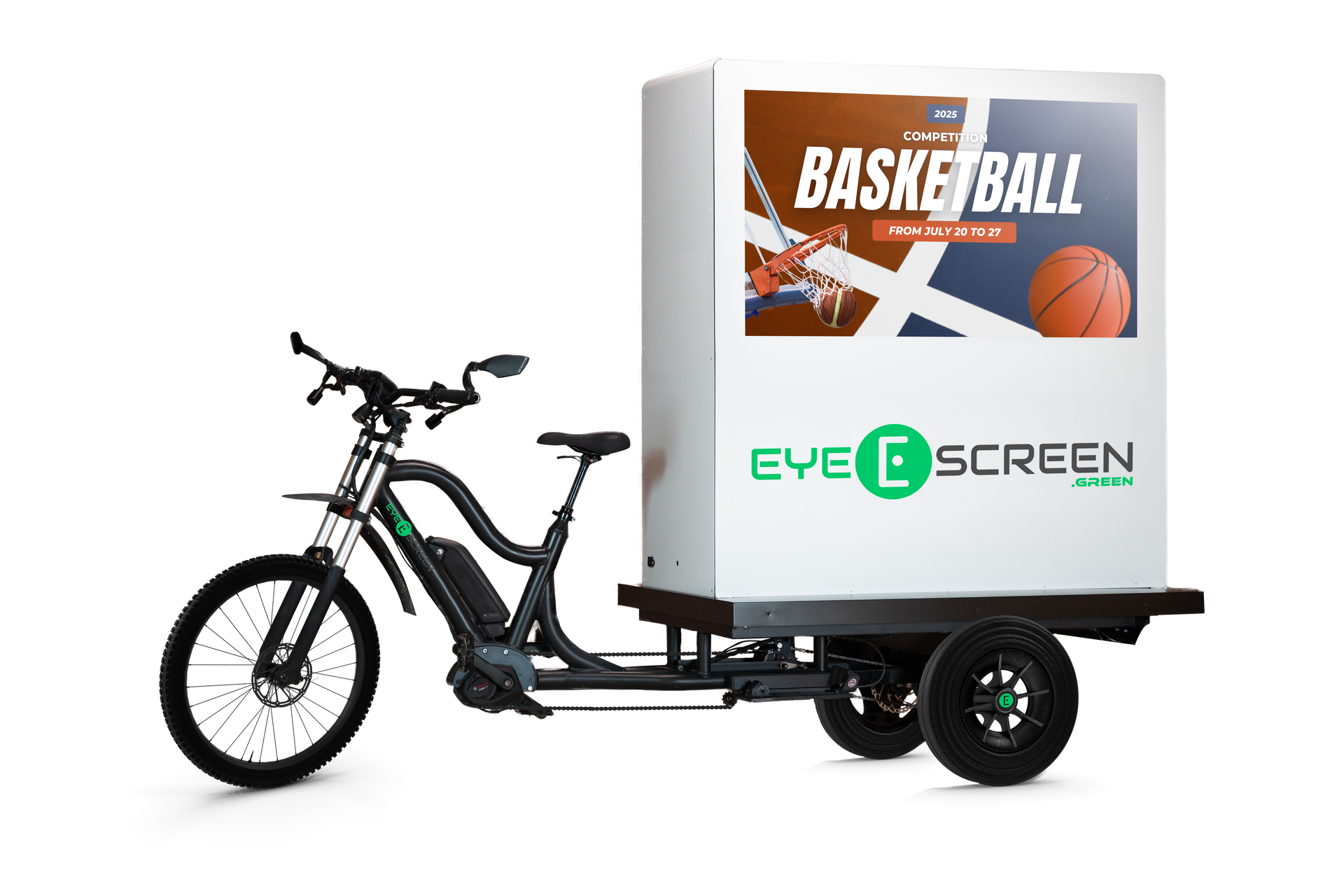 AdVenturer - vélos publicitaires avec 3 écrans LCD haute définition pour street actions DOOH mobile en Belgique et Espagne - EYE SCREEN .green