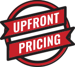 Red and white badge reading “UPFRONT PRICING” in bold text