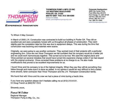 Thompson Pump Letter — Port Wentworth, GA — J N Thompson Construction Inc