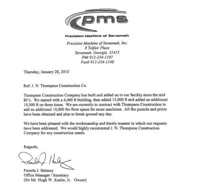 PMS Letter — Port Wentworth, GA — J N Thompson Construction Inc