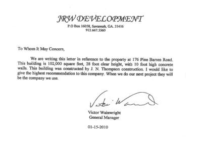 JRW Development Letter — Port Wentworth, GA — J N Thompson Construction Inc